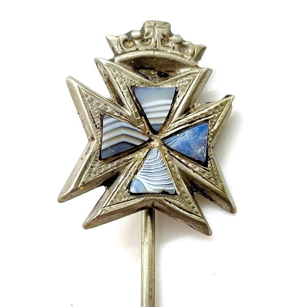 Antique Victorian Sterling Silver Blue Lace Agate Inlay Crown Maltese Cross Stick Pin