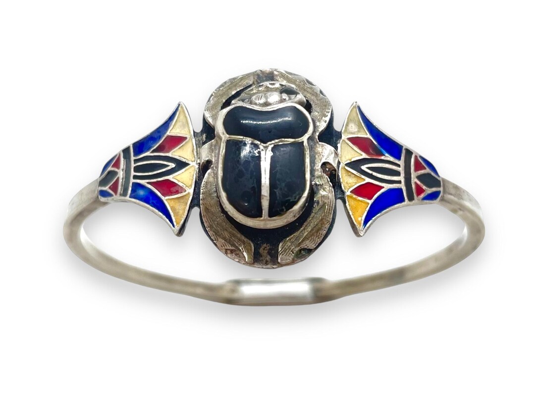 Antique Art Deco Egyptian Revival 800 Silver Enamel Scarab & Lotus ...