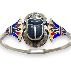 Antique Art Deco Egyptian Revival 800 Silver Enamel Scarab & Lotus Bangle Bracelet