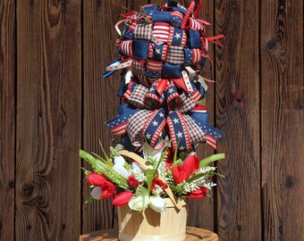 Patriotic Floral Arrangement Topiary, Americana Floral, Housewarming Gift, Hostess Gift