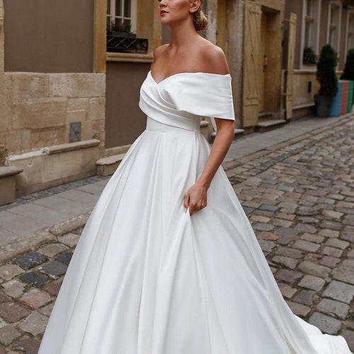 Off Shoulder Bridal Wedding Dress Minimalist Satin Wedding - Etsy