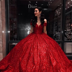 Chic Sparkly Evening Dress, Fluffy Sparkly Red Carpet Dress, Off Shoulder Prom Dress, Masquerade Dress, Custom Colored Wedding Dress image 2