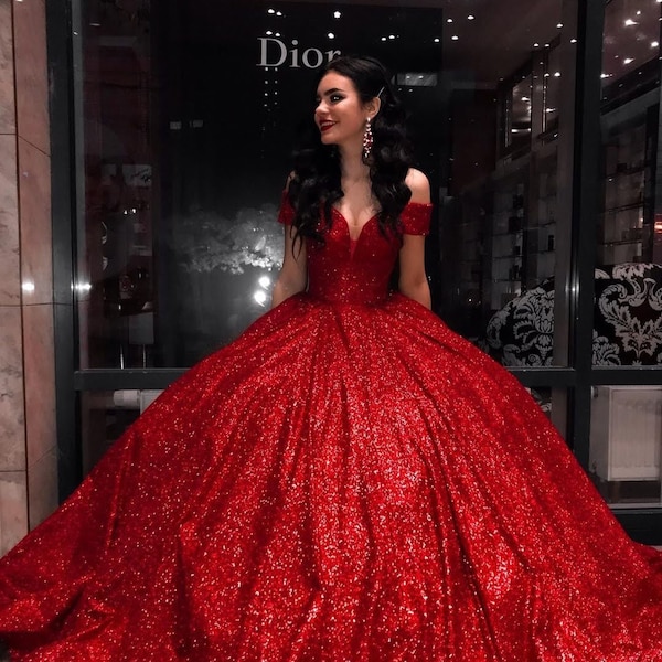 Chic Shiny Off the Shoulder Puffy Ball Gown, Long Red Wedding Dress, Unique Special Occasion Party Gown Custom Size and Color