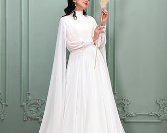 Modest Long Sleeve Retro Wedding Dress, Classic Traditional Wedding Dress, White Chiffon Bride Dress, Winter Wedding Attire