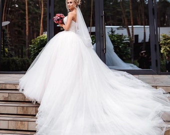 Gorgeous Princess Style Full Tulle Wedding Dress, Dress with Train, Wedding Ceremony Dress, Colored Wedding Dress, Fluffy Wedding Dress