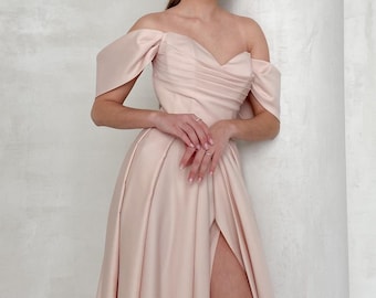 Fashion Light Pink Off the Shoulder Satin Evening Dress, Wedding Party Bridal Gown with Split Skirt, Prom Dress with Draped Corset