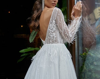 Chic Wedding Dress with Feathers, Long Sleeve Bridal Gown with Train, Summer Backless Bridal Dress, A-Line Wedding Dress with Lace Top