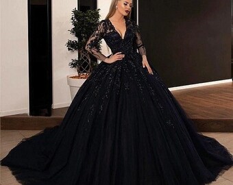 Gothic Puffy Wedding Dress with Train, Black Lace Wedding Ceremony Dress, Bohemian Evening Dress, Long Sleeve Wedding Dress, Chic Ball Gown