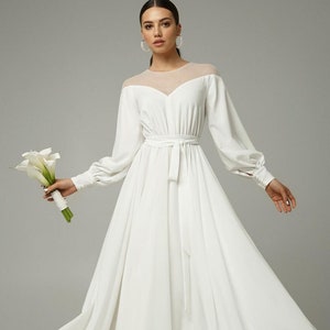 Modest Chiffon Long Sleeve Retro Wedding Dress, Long White Bridal Dress for Wedding Ceremony, Tailoring Wedding Gown Custom Size and Color image 1