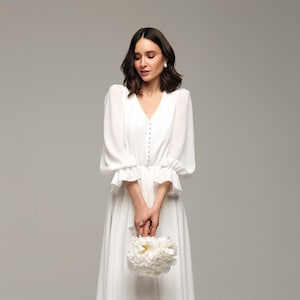 Midi Wedding Party Dress with Sleeves, Chiffon Summer Evening Dress, Minimalist Wedding Dress, Evening Dress, White Midi Bridesmaid Dress image 3