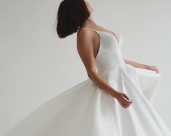 Minimalist Spaghetti Straps Satin Wedding Dress, Slit Skirt Wedding Dress, Bridal Party Outfit, White Long Dress, Stand with Ukraine