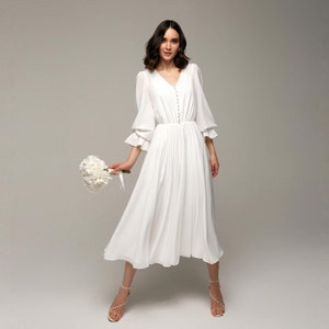 Midi Wedding Party Dress with Sleeves, Chiffon Summer Evening Dress, Minimalist Wedding Dress, Evening Dress, White Midi Bridesmaid Dress image 1