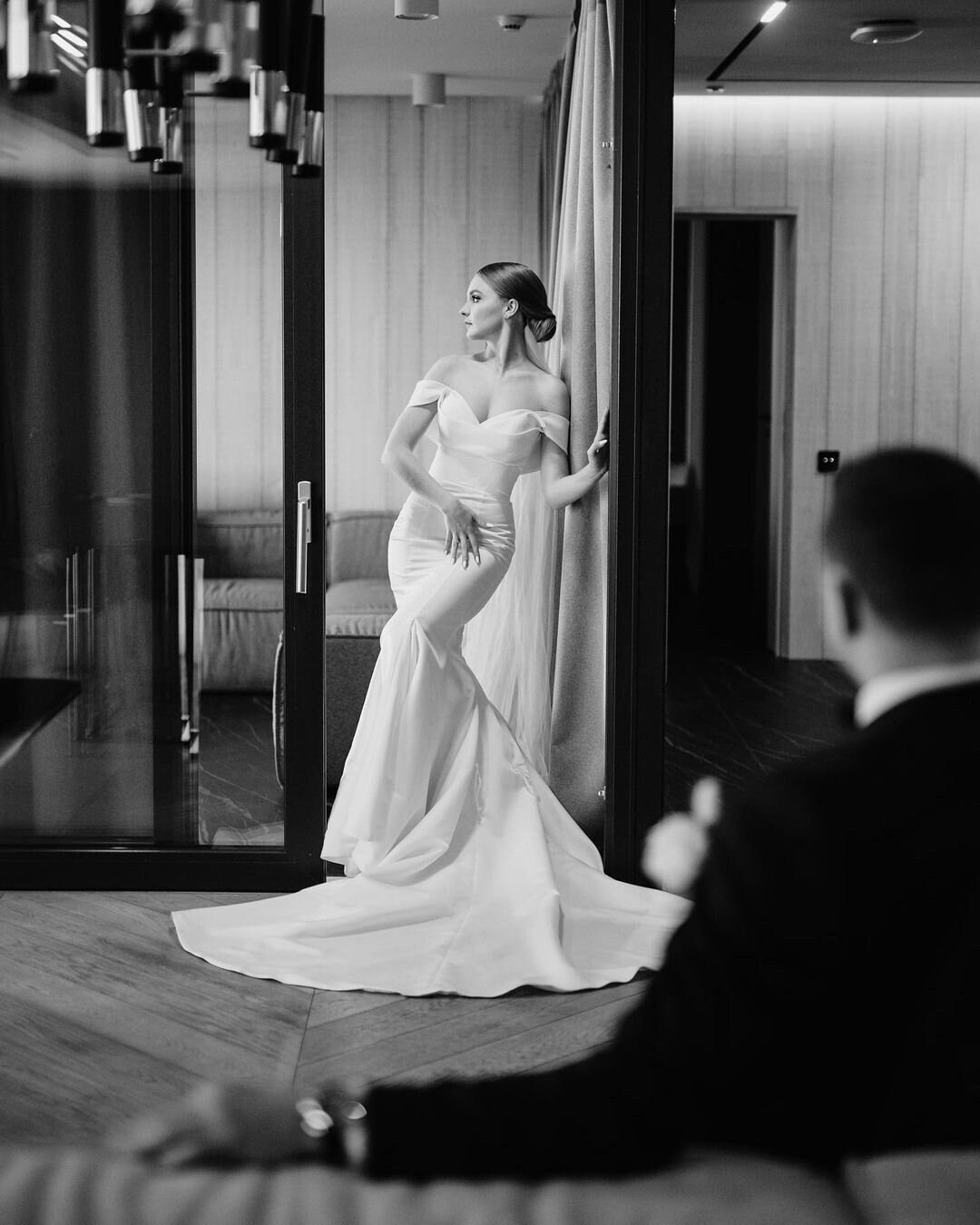 Minimalist Wedding Dress Off Shoulder Pleated Mermaid Wedding Dress  D3638 main image 0