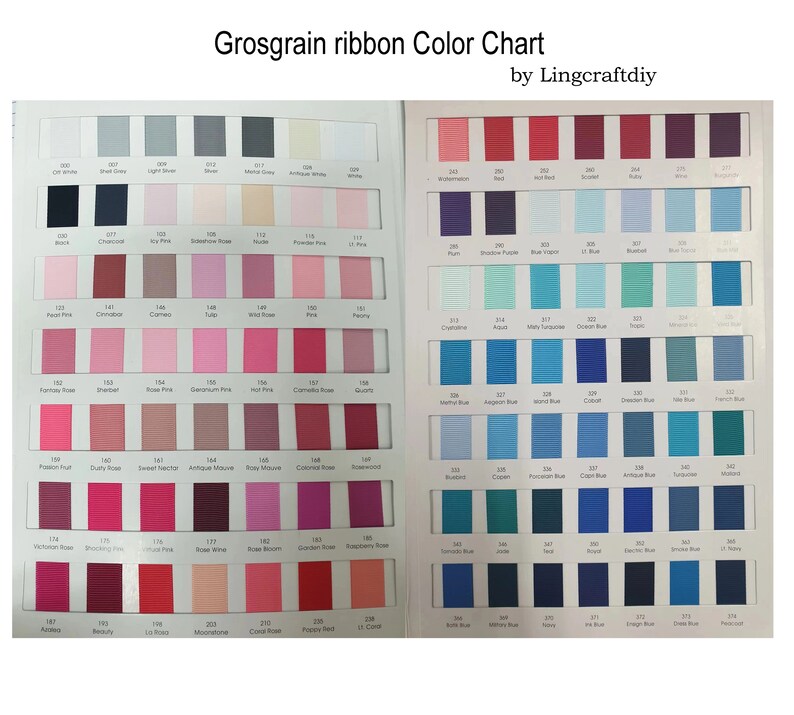 May include: A color chart for grosgrain ribbon with over 100 different colors. The chart is organized by color family, with shades of pink, red, blue, and green. The chart is labeled "Grosgrain ribbon Color Chart by Lingcraftdiy".