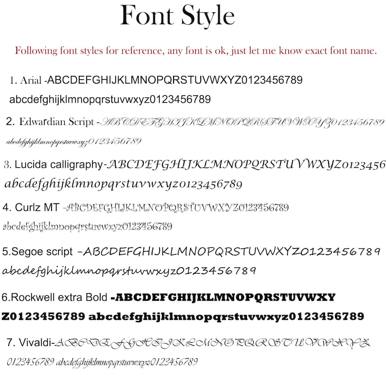 May include: A list of different font styles with the names of each font listed. The font styles include Arial, Edwardian Script, Lucida Calligraphy, Curlz MT, Segoe Script, Rockwell Extra Bold, and Vivaldi.