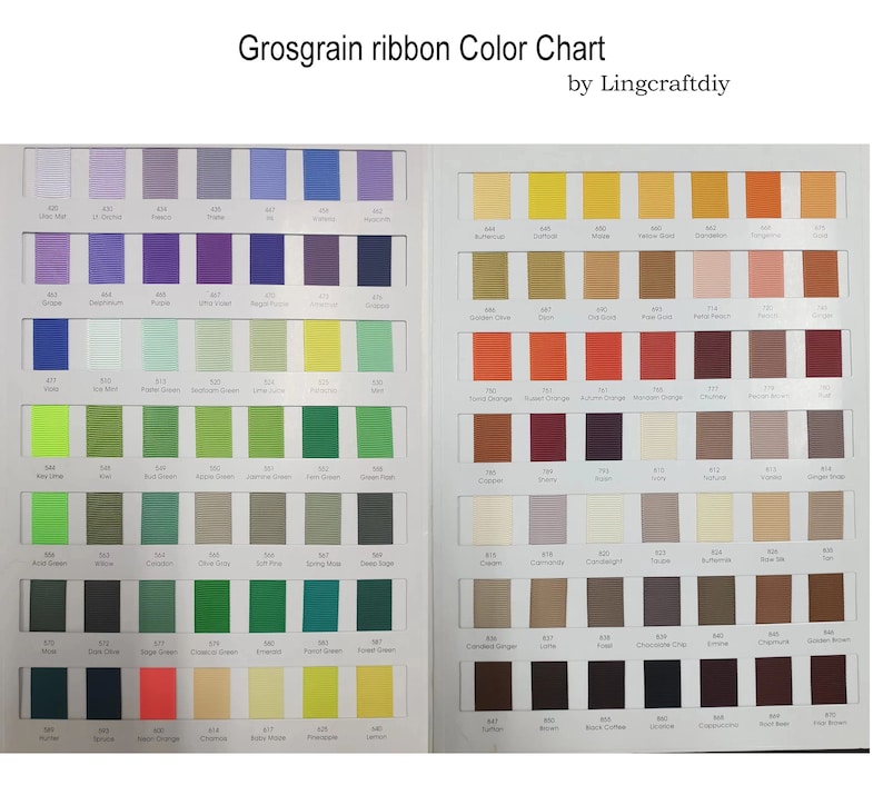 May include: Color chart for grosgrain ribbon with over 100 different colors. The chart is divided into 12 rows and 12 columns. Each color is labeled with a number. The colors range from light to dark, and from cool to warm.