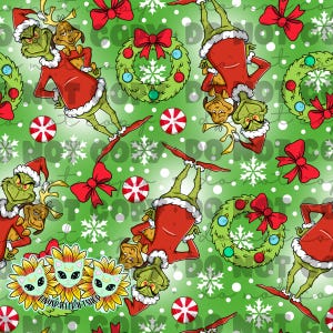May include: A repeating pattern on a green background featuring the Grinch in a red Santa suit with white trim, holding a reindeer. The design includes red bows, wreaths, snowflakes, and peppermint candies. The text "NO DO NOT COPY" is visible.