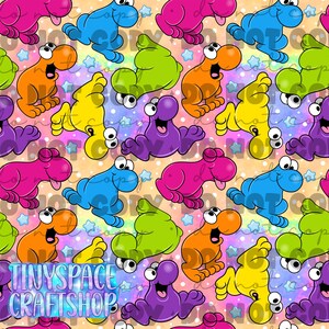 May include: A repeating pattern featuring cartoon creatures in bright pink, blue, orange, yellow, green, and purple colours. The background is a soft gradient with small white dots and light blue stars. The text TINYSPACE CRAFTSHOP is visible.