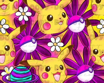 Peut inclure: Un motif sans couture représentant un personnage de dessin animé jaune avec un nez rose et de grands yeux, un Pokéball violet et rose et des marguerites blanches sur un fond rose et jaune.