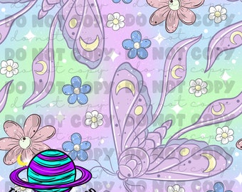 May include: A seamless pattern featuring a purple and white butterfly with crescent moons and stars on its wings. The background is a gradient of pink, blue, and green with white and blue flowers. The text "TINY SPACECRAFT SHOP" is at the bottom of the image.