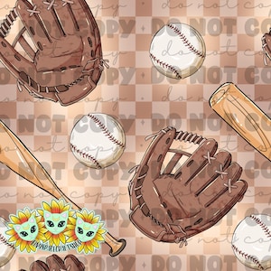 Puede incluir: Patrón repetitivo con pelotas de béisbol, guantes y bates en tonos marrones y blancos. El diseño incluye el texto "DO NOT COPY" y "FINUSPACECRAFT SHOP". El fondo es un patrón de cuadros.