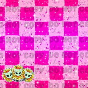 May include: A vibrant pink and fuchsia checkerboard pattern with a splattered paint effect and sparkling accents. The design includes three sunflower illustrations with alien cat faces and the text "tinyspacecraftshop".