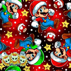 Puede incluir: Patrón repetitivo con Mario y Luigi con gorros de Papá Noel, estrellas y motivos de setas sobre un fondo rojo. Los personajes están representados en poses dinámicas, creando un diseño festivo y juguetón.