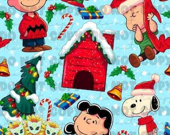 May include: A repeating pattern on a light blue background featuring Peanuts characters including Charlie Brown, Snoopy, and Lucy, alongside a red doghouse with snow, Christmas trees, candy canes, wrapped gifts, holly, and gold bells.