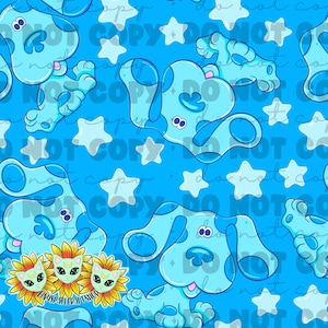 May include: A repeating pattern of the cartoon dog Blue from Blue's Clues, in light blue with darker blue spots, set against a bright blue backdrop with white stars. The image also includes three sunflower graphics with alien cat faces.