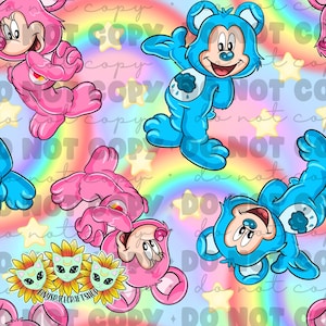 May include: A seamless pattern featuring cartoon bears with rainbow and star backgrounds. The bears are blue and pink and have a happy expression. The text "Do Not Copy" is repeated throughout the pattern.