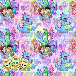 May include: A colorful repeating pattern featuring cartoon dragons, children, and flowers. The dragons are in shades of blue, green, and purple, with the children in red and green outfits. The background is a pastel rainbow with purple flowers.