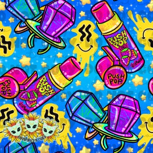 May include: A vibrant, repeating pattern on a blue background featuring cartoon-style ring pops and Push Pop candy. The ring pops are purple with green and yellow accents. The Push Pop candy has the text "Push Pop Candy Strawberry". Yellow smiley faces and stars complete the design.