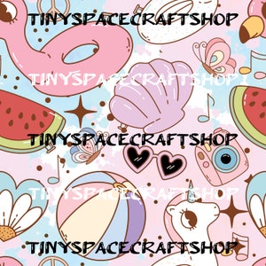 May include: A pink and white seamless pattern featuring a variety of summer-themed illustrations, including a flamingo float, a seashell, a watermelon, a beach ball, sunglasses, a camera, a unicorn, a daisy, and butterflies. The background is a light pink with white and blue watercolour splatters. The text "TINY SPACECRAFTSHOP" is repeated throughout the pattern.