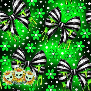 May include: A repeating pattern featuring black and white striped bows with green slime dripping from them. Green flowers and white stars are scattered across a bright green background. The text "TinySpaceCraftShop" is visible.