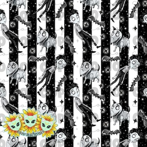 May include: A black and white striped pattern featuring cartoon characters, including a boy, a dog, bats, and stars. The boy is wearing a striped shirt and trousers. The dog has a stitched appearance. The background has a repeating pattern.