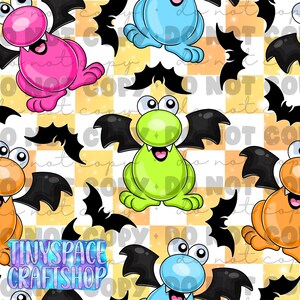 May include: A repeating pattern featuring cartoon monsters in pink, blue, green, and orange, each with black wings and white fangs. The background consists of a yellow and white checkered grid. The text TINYSPACE CRAFTSHOP appears in the corner.