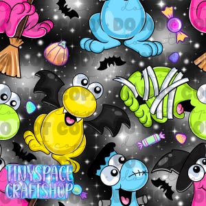 May include: A seamless pattern featuring cartoon Halloween characters including a yellow bat, a green mummy, and a blue monster on a black background with white stars, bats, and colourful candy. The text TINYSPACE CRAFTSHOP appears in the corner.