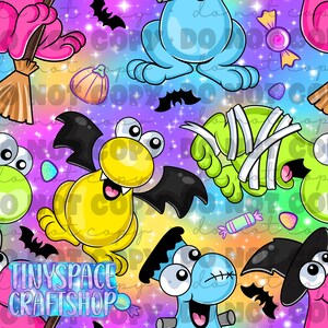 May include: A seamless pattern featuring cartoon monsters, including a yellow bat-winged creature, a green mummy, and a blue Frankenstein-style character, set against a vibrant rainbow gradient background with stars, bats, pumpkins, and candy.
