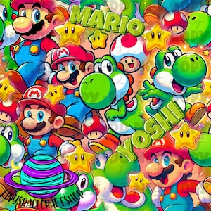 May include: A colourful seamless pattern featuring Mario and Yoshi characters from the Super Mario video game franchise. The pattern includes red and blue Mario characters, green Yoshi characters, yellow stars and red mushrooms. The text "MARIO" and "YOSHI!" are also included in the pattern.
