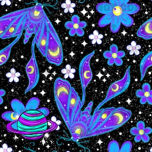 May include: A seamless pattern featuring purple and blue moths with crescent moon details, white and blue flowers, and a planet with rings on a black background with white stars.