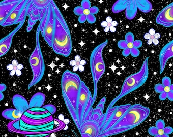 May include: A seamless pattern featuring purple and blue moths with crescent moon details, white and blue flowers, and a planet with rings on a black background with white stars.