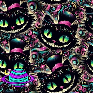 May include: A repeating pattern featuring a black cat with a mischievous grin, wearing a top hat with a pink band. The background is a swirling mix of gold, pink, blue, and green, with stars and swirls.