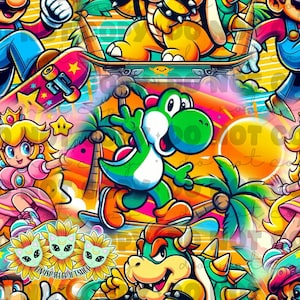 May include: A colourful, retro-themed pattern featuring popular video game characters such as Mario, Yoshi, and Bowser. The characters are depicted in a skateboarding setting with palm trees and a sunset in the background.