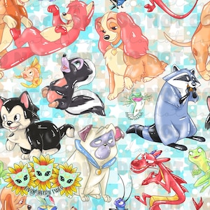 Pode incluir: Uma ilustração digital colorida com vários animais de desenho animado, incluindo uma raposa, um gambá, um cão, um guaxinim, um gato, um pug, um dragão e um sapo. Os animais estão sobre um fundo xadrez azul e branco.
