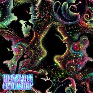 Può includere: Un motivo in tessuto con sagome nere di una creatura con capelli arruffati e lineamenti appuntiti su uno sfondo cosmico vibrante e vorticoso di polvere di stelle verde neon, rosa, blu e gialla. Il testo TINYSPACE CRAFTSHOP è visibile.
