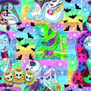 Może przedstawiać: Kolorowy, powtarzający się wzór z postaciami z filmu Miasteczko Halloween. Projekt zawiera Jacka Skellingtona, Sally, Oogie Boogie, Zero i nietoperze, na tle żywego, wielokolorowego tła z gwiazdami i tekstem "tinyspacecraftshop".