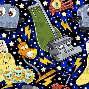 Könnte beinhalten: Ein sich wiederholendes Muster mit Cartoon-Geräten und -Charakteren auf einem schwarz-blauen karierten Hintergrund. Das Design umfasst einen Staubsauger, einen Toaster, eine Lampe und andere animierte Objekte sowie gelbe Blitze und Sterne.