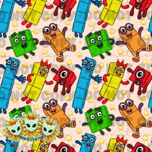 May include: A repeating pattern featuring cartoon number blocks with faces and limbs, interspersed with yellow stars. The blocks are in various colours, including blue, green, yellow, orange, and red, set against a light pink background. The text "tinyspacecraftshop" is visible.