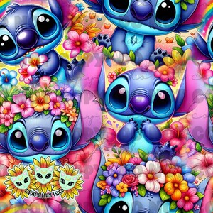 Könnte beinhalten: Ein nahtloses Muster mit einer blauen Comicfigur mit großen Augen und einer Blumenkrone. Die Figur ist von bunten Blumen und einem Regenbogen umgeben.