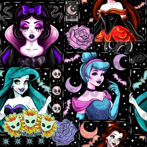 Puede incluir: Un patrón repetitivo con ilustraciones estilizadas de princesas de Disney con un toque espeluznante. El diseño incluye murciélagos, lunas, calaveras y rosas sobre un fondo negro. Las princesas están representadas con maquillaje gótico oscuro.